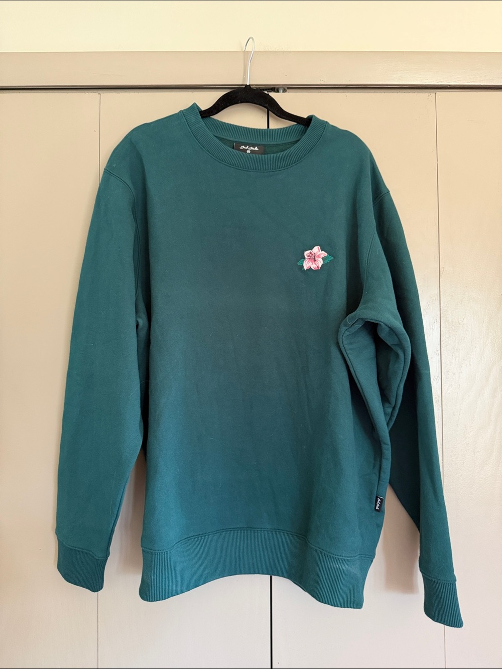 Bad Birdie Teal Crewneck Sweatshirt with Pink Floral Embroidery - Picture 2 of 6
